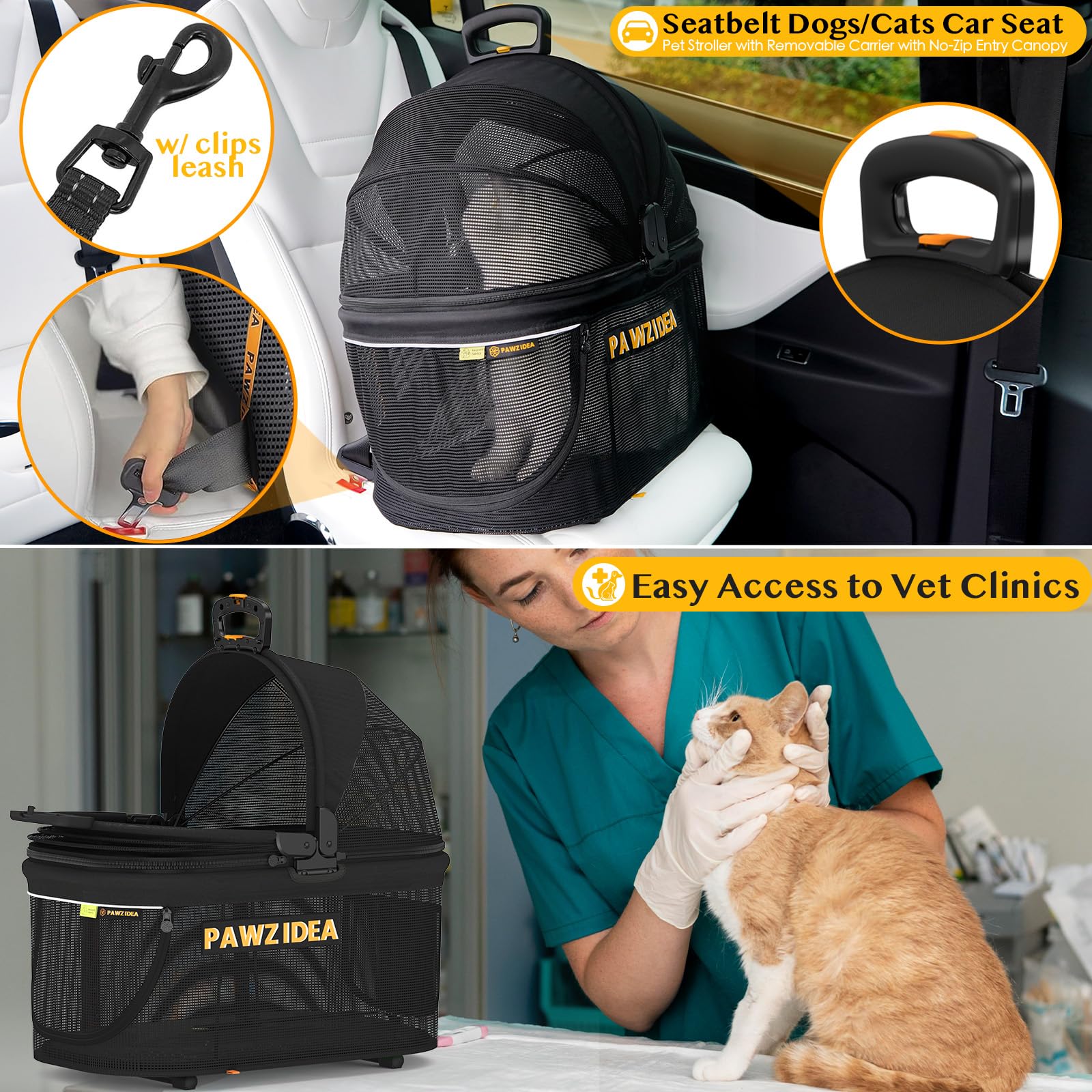 Pawzidea Double Pet Stroller With 2 Detachable Carriers, Tsa Approved Expandable Cat Carrier Bag, Seatbelt Pet Travel Car Seat,
